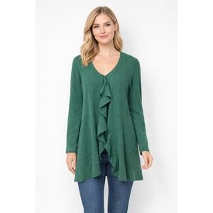 Margaret O'Leary‎ Ruffle Front Sweater Cardigan M Green Merino Wool Cotton Y2K